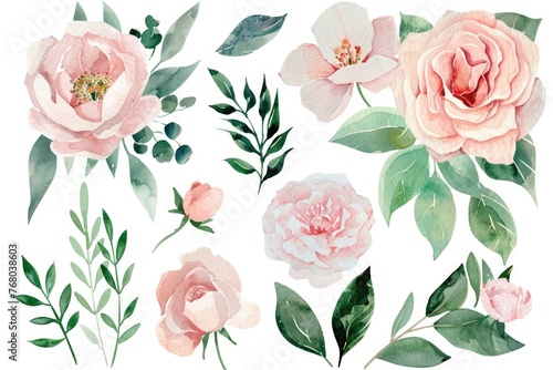 Handpainted watercolor set of pink florals and greenery, elegantly isolated on white, suitable for sophisticated design projects