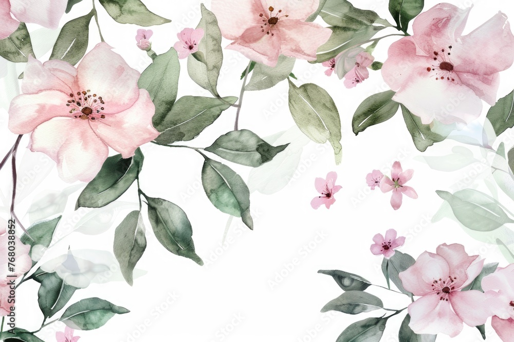 Soft hues of pink in watercolor florals paired with green leaves, meticulously isolated on white for digital artistry and crafting