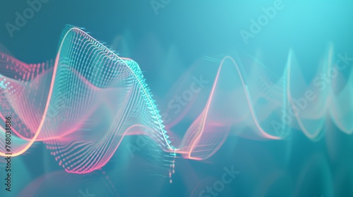 A digital abstract image showing a dynamic light wave pattern with cool blue and pink hues, representing data flow or sound waves in cyberspace