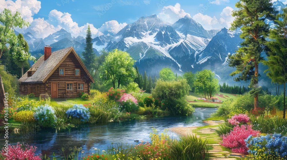 Fototapeta premium Beautiful rural summer landscape with old wooden houses near the river. Beautiful flowers and trees with mountains