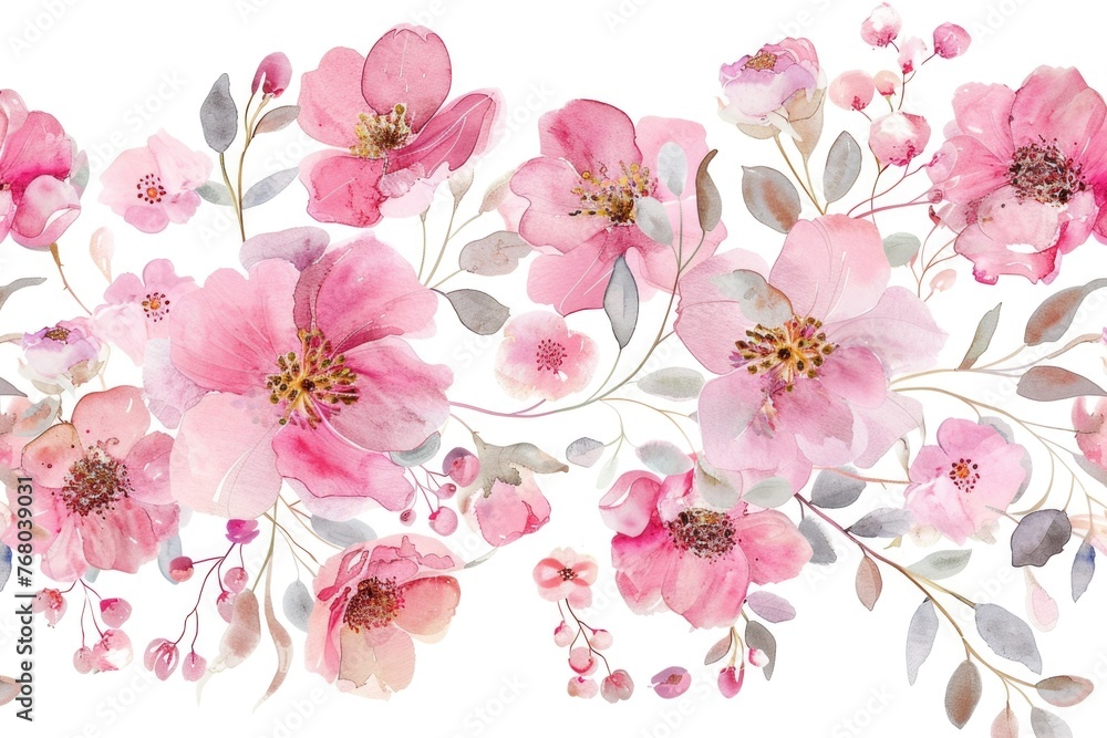Watercolor medley of pink blooms and foliage, artistically set against a white background for digital crafting and design Watercolor medley of pink blooms and foliage, artistically set against a white background for digital crafting and design