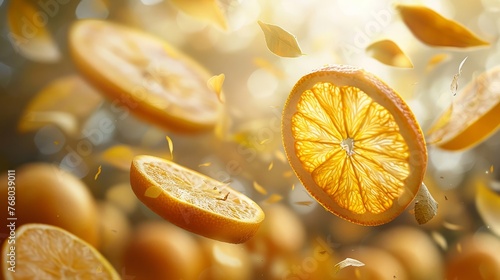 Orange slices in mid-air dance, leaves fluttering gently photo