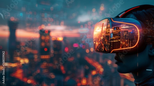 A person engaged in a virtual reality experience with cityscape reflections, emphasizing a cyberpunk aesthetic at twilight.