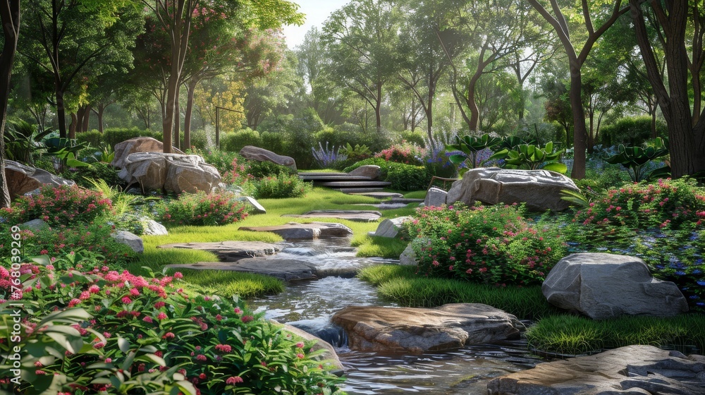 A tranquil garden oasis showcasing a gentle stream meandering through vibrant flowers and verdant foliage, under the soft light of morning.