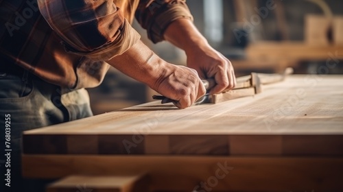 Hand carpenter working with blueprint on wooden table in carpentry shop
