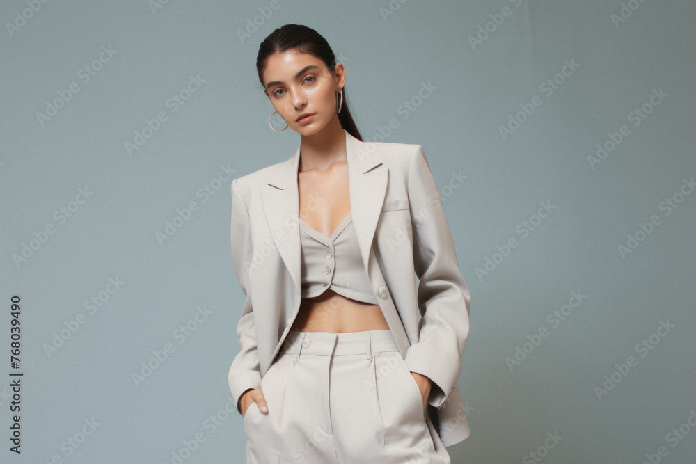 Beautiful young woman in beige suit, isolated on grey background Beautiful young woman in beige suit, isolated on grey background