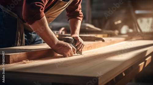 Hand carpenter working with blueprint on wooden table in carpentry shop © Media Srock