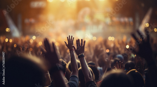 Crowd at concert, hands raised at the music festival, blurred background photo