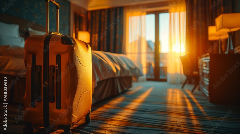 Warm sunlight in a cozy hotel room with a single suitcase - obrazy, fototapety, plakaty 