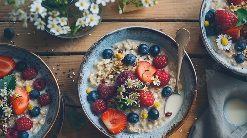 Visualize a cozy breakfast scene featuring oatmeal bowls with fruit toppings and almond milk, alongside a small vase with fresh flowers, set on a light wood table, conveying a warm, inviting morning.