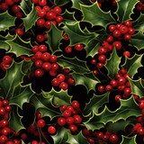 Holly leaves and berries scattered on a red background 01 - Perfectly repeating background pattern for your designs