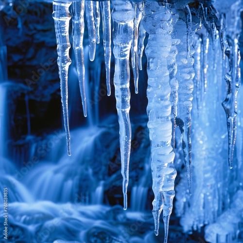 Icicles hanging from a frozen waterfall