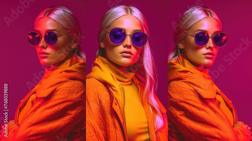 Fashion portrait of beautiful blonde woman in sunglasses. Studio shot .