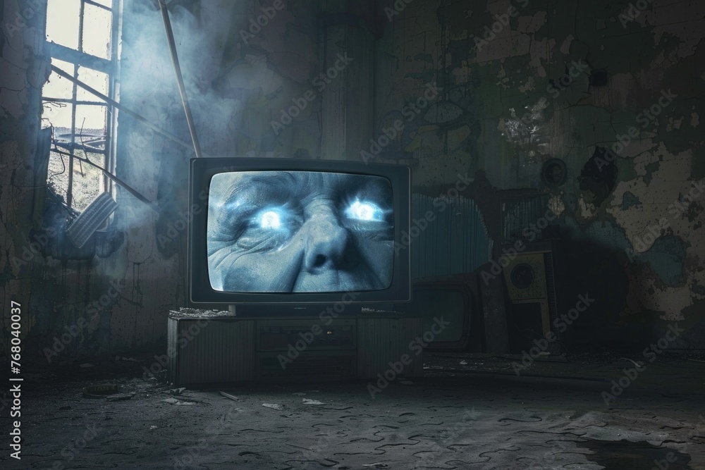Mind control through television in abandoned setting - obrazy, fototapety, plakaty 