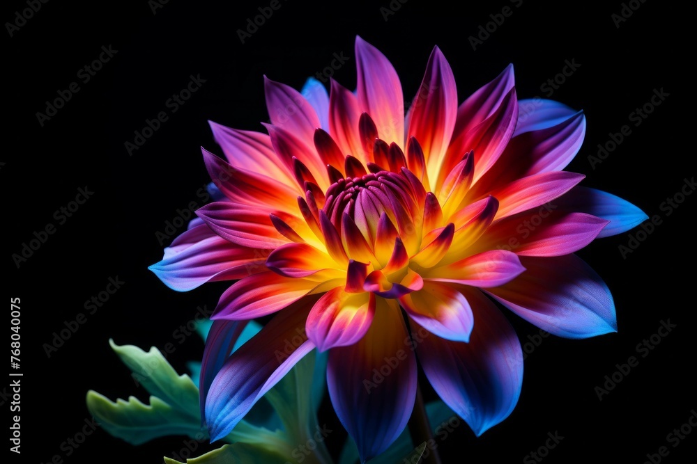 A close up of a vibrant and colorful flower against a black background, illuminated by a single light source A close up of a vibrant and colorful flower against a black background, illuminated by a single light source
