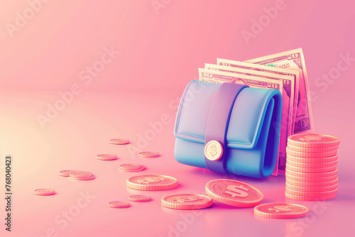 Money Saving icon concept. Wallet, bill, coins stack, and credit card on pink background, illustration