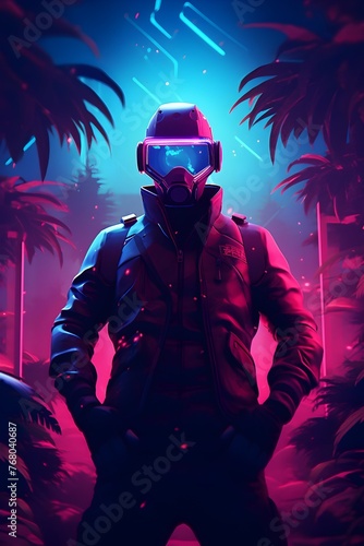 Cold Colors Fox Doctor: A Stylish Synthwave Gaming Character in a Vibrant Retro Future Setting