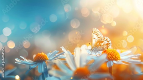 A butterfly rests on a yellow-white flower in a bright summer garden landscape.