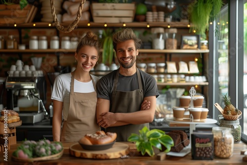Joyful cafe owners in aprons share a light moment, surrounded by lush greenery and fresh pastries. Smiling couple managing a cozy bakery, arms crossed, amidst rustic setup with plants and baked goods