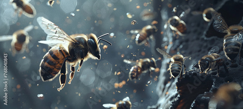 Honey bees flying to the hive photo