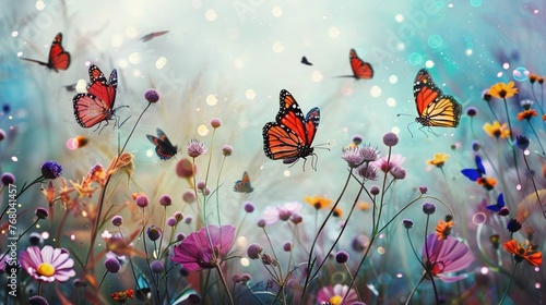 A group of colorful butterflies fluttering through a field of wildflowers  their delicate wings a kaleidoscope of hues.