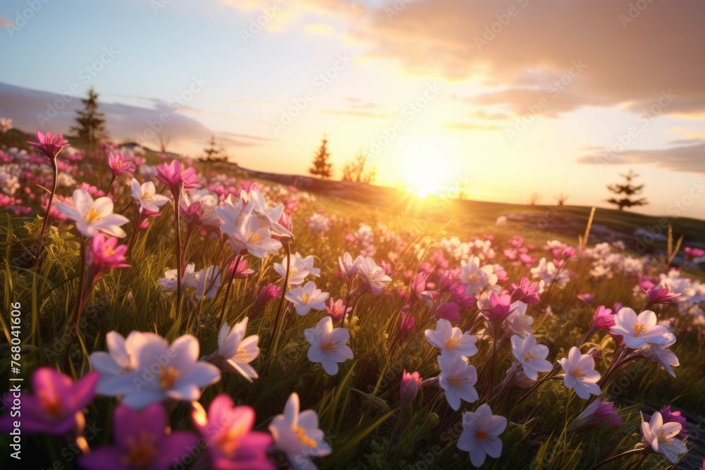 A field of spring flowers in full bloom, with the sun setting in the background A field of spring flowers in full bloom, with the sun setting in the background
