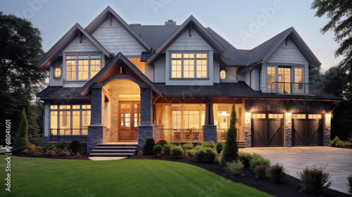 Luxury house in the garden at dusk .