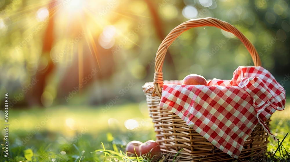 Picnic basket with red and white checkered cloth on a sunny day Picnic basket with red and white checkered cloth on a sunny day