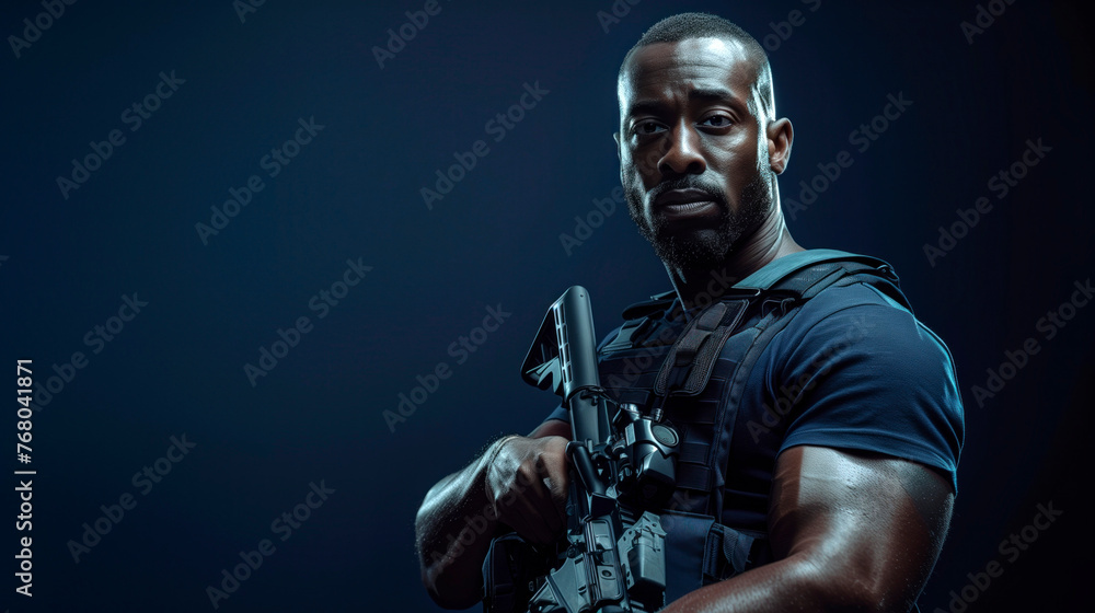 Stern male operative with firearm in tactical gear Stern male operative with firearm in tactical gear