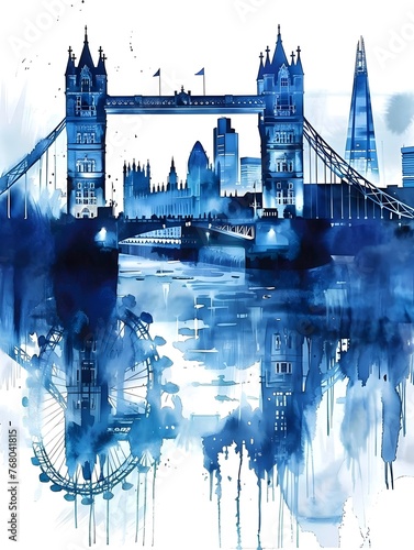 Iconic London landmarks watercolor painting - Artistic watercolor rendition of iconic London landmarks blended into a skyline, depicting the Tower Bridge and the Shard