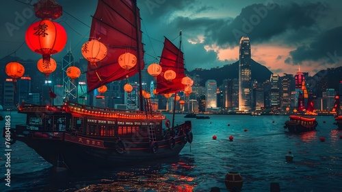 Traditional junk boat in Hong Kong harbor at night - An evocative image of a red-sailed junk boat floating in the vibrant Victoria Harbor of Hong Kong at dusk