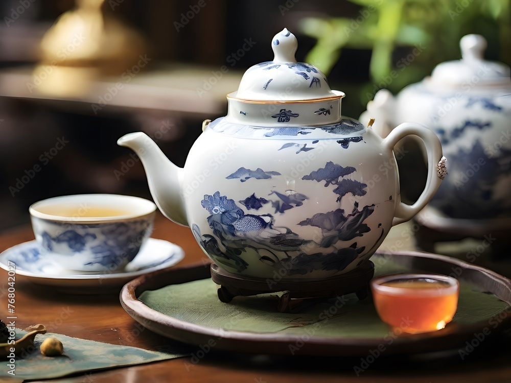 Tea ceremony, teapot and cup of tea on wooden table Tea ceremony, teapot and cup of tea on wooden table