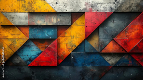 Vibrant abstract painting featuring a mosaic of triangles