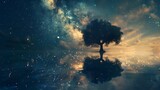 Lone tree on floating island under starry night sky - A dreamlike vista showing a solitary tree on a floating island, set against a background of a starry night sky