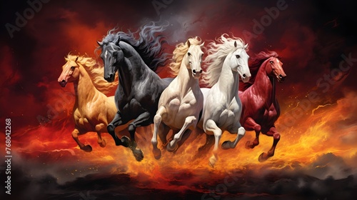Fiery horses galloping through flames - An intense digital artwork of four horses with vibrant coats galloping fiercely amidst flames and smoke