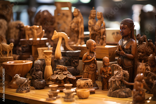 Versatile Selection of Detailed Wooden Crafts at Rustic Market Display photo