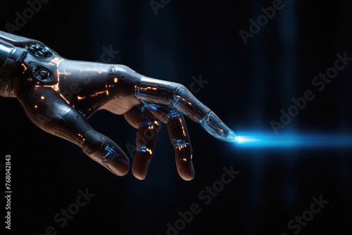 Robot hand holding glowing light bulb on dark background