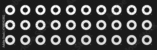 Donut chart diagram on black background. Simple line ring or circle divided into sectors. Set of infographic templates for parts of whole data presentation photo
