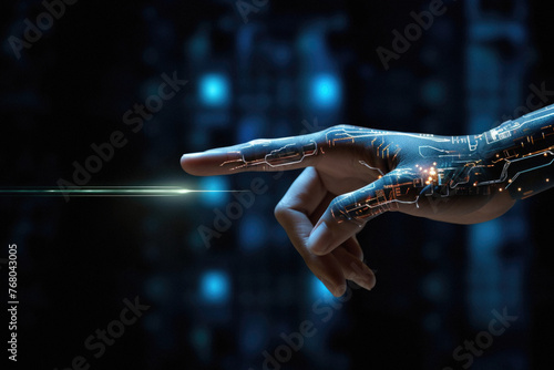 Close up of human hand touching with finger digital circuit on dark background.