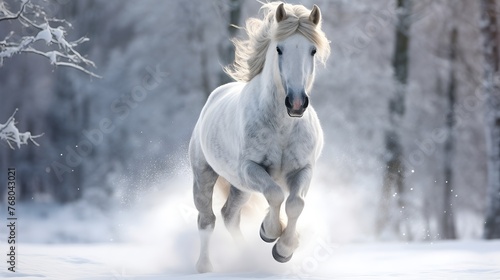 Beautiful white horse running in the snow, white hair, beautiful forest covered with heavy snow in background,