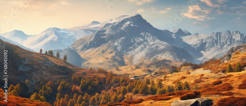 Panoramic view of beautiful autumn alpine landscape with snow capped mountains. photo