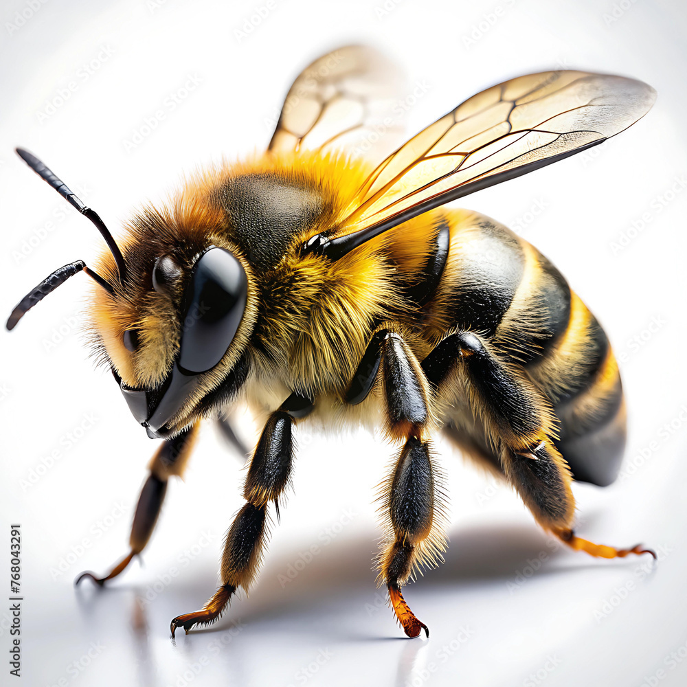 Bee close-up, isolated on a white background. - obrazy, fototapety, plakaty 