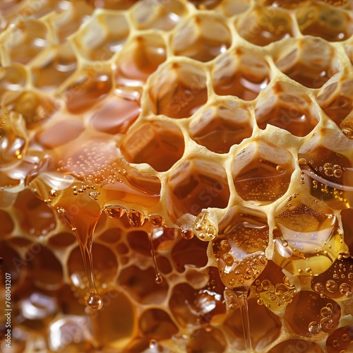A close-up of honeycomb with dripping honey 02