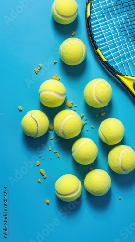 Tennis balls and racket on blue background. Top view, flat lay. © Art AI Gallery