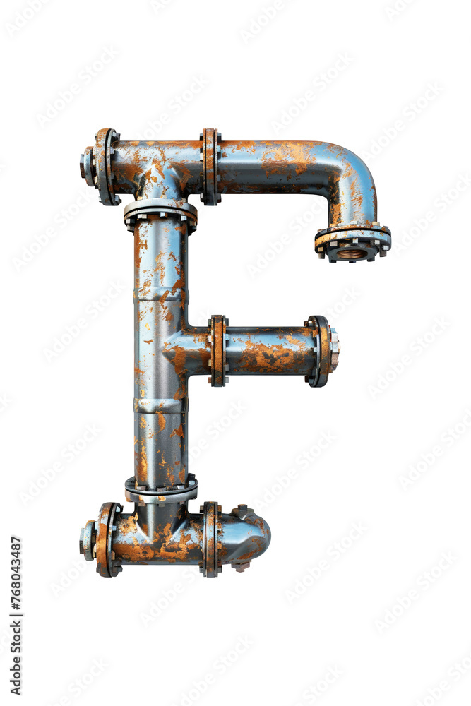 A metal pipe connects to another pipe, forming the shape of the letter F. Isolated letter F. A metal pipe connects to another pipe, forming the shape of the letter F. Isolated letter F.