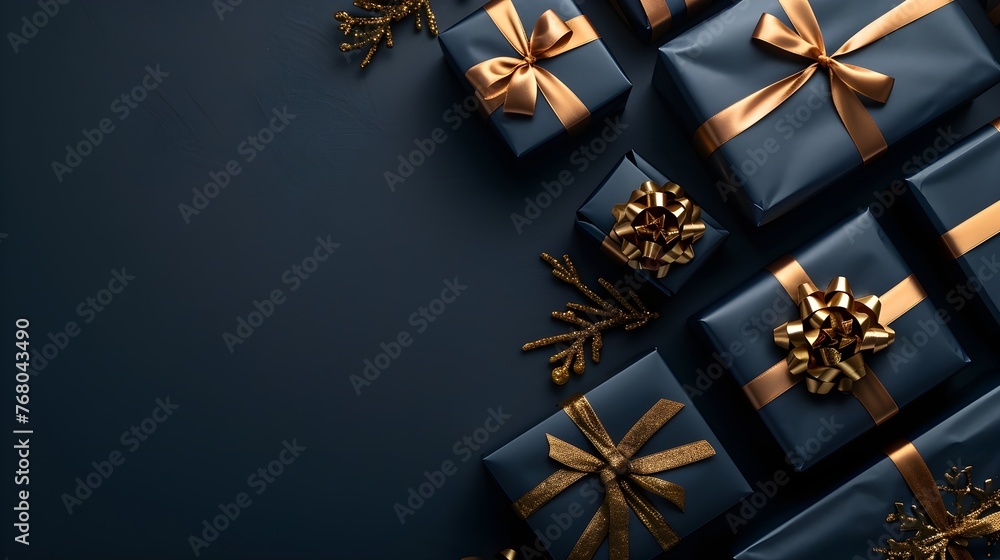 Black background with golden gift boxes and ribbons, black Christmas ...