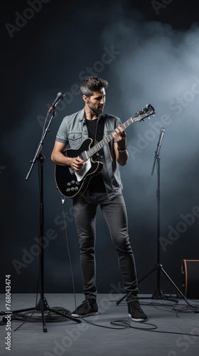 Young man playing electric guitar on dark background with smoke and spotlights.