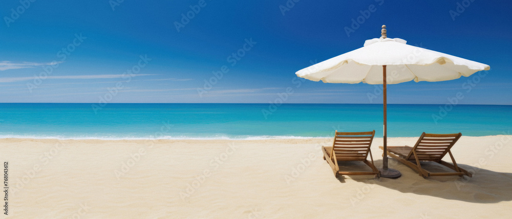 Beach chair and umbrella on the sandy beach with blue sea background.