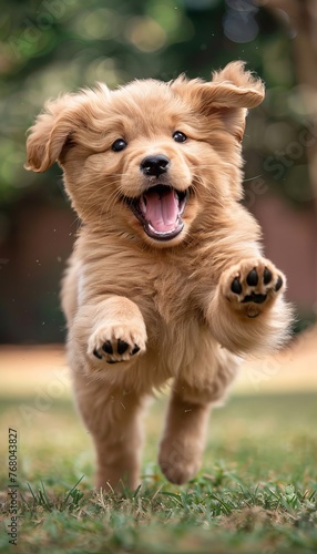 Playful puppy running joyfully in lush green grass field, adorable pet dog frolicking outdoors