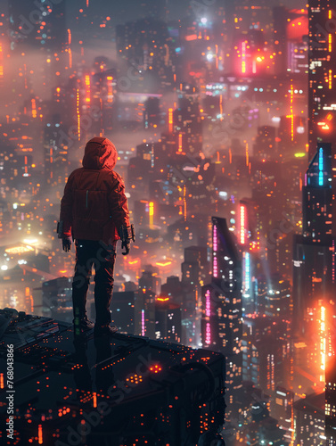 Cyberpunk Hacker, Neon Jacket, Digital explorer, lost in a futuristic cityscape, admiring the mixture of artificial and organic structures, under a shimmering digital sky,